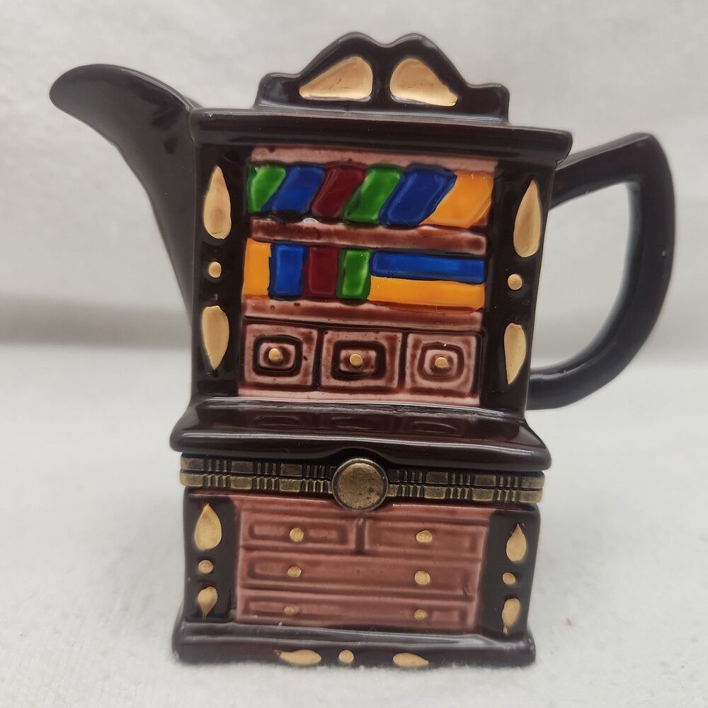 Trinket Box Hinged Porcelain Bookcase Hutch Teapot With Drawers And Books VTG